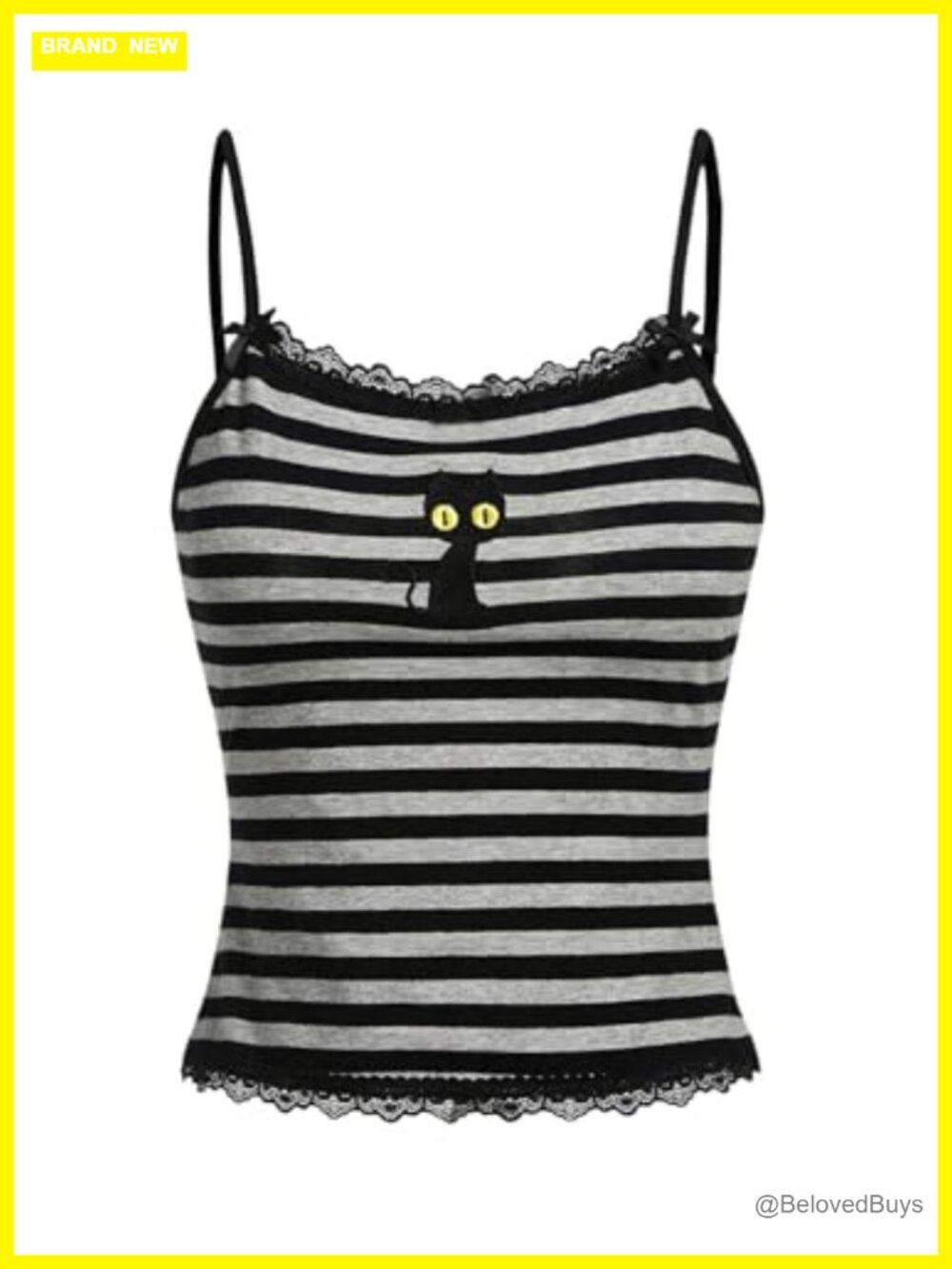 Sleeveless Lace Striped Cat Embroidery Crop Cami Top Summer Casual